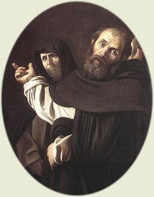 Den helige Thomas av Aquino och den helige Petrus martyr, av Caravaggio («Madonnan av rosenkransen», Kunsthistorisches Museum, Wien)