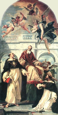 Thomas de Aquino cum Pio V, cuius iussu primo edita sunt eius Opera omnia, a Sebastiano Ricci depictus (Santa Maria del Rosario, Venezia)
